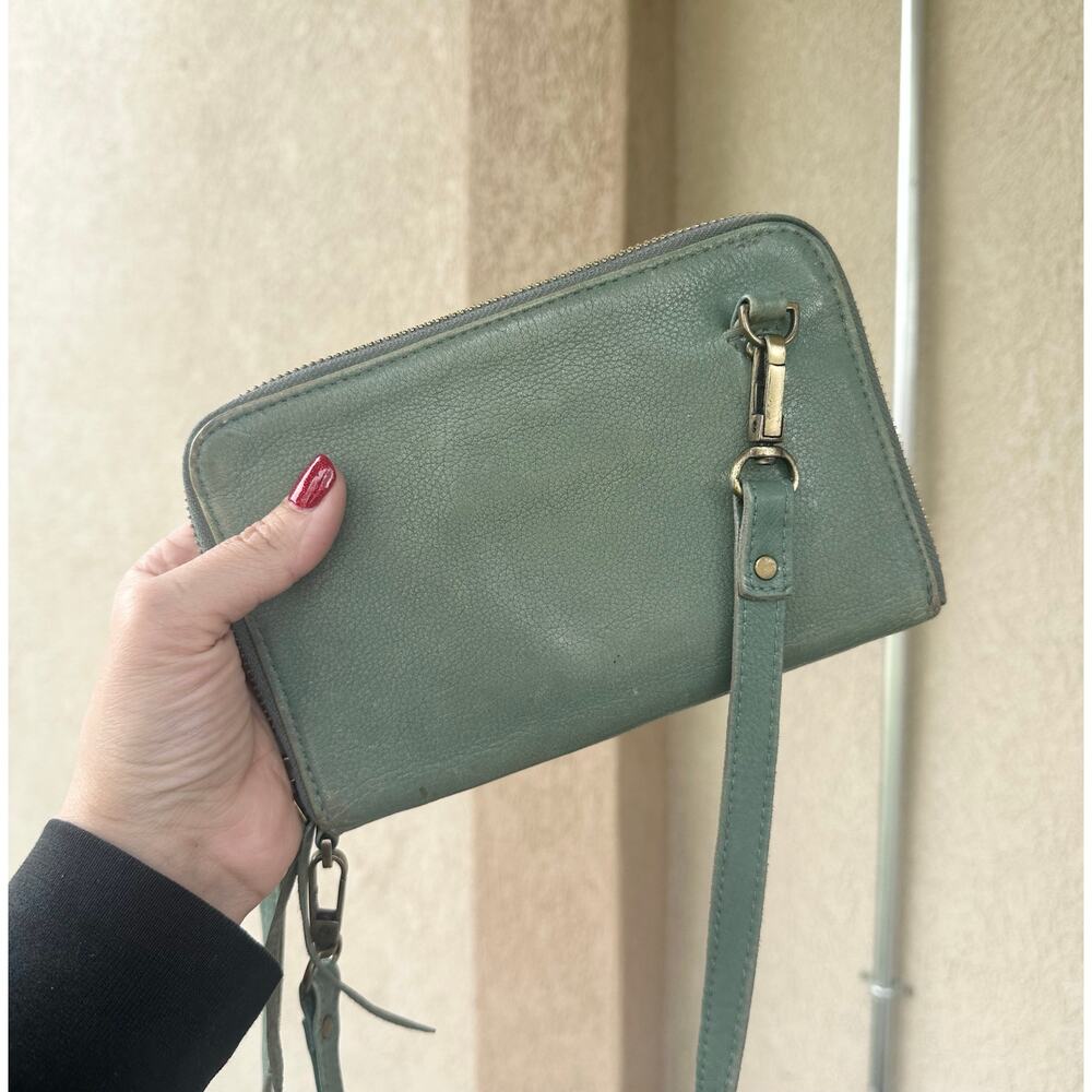 Joyn Handmade crossbody wallet leather & block printed cotton canvas light teal